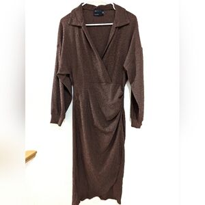 Asos Design Brown Mocha Midi Dress Faux Wrap Side Ruched V Neck Lantern Sleeve 8